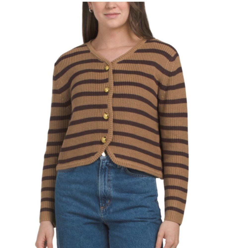 NWT METRIC KNITS Shaker Knit Cotton Blend Cropped Brown Striped Cardigan